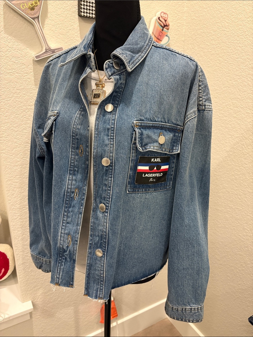New Karl Lagerfeld Light Blue Denim Jean Jacket with Branded Chest Patch Large L